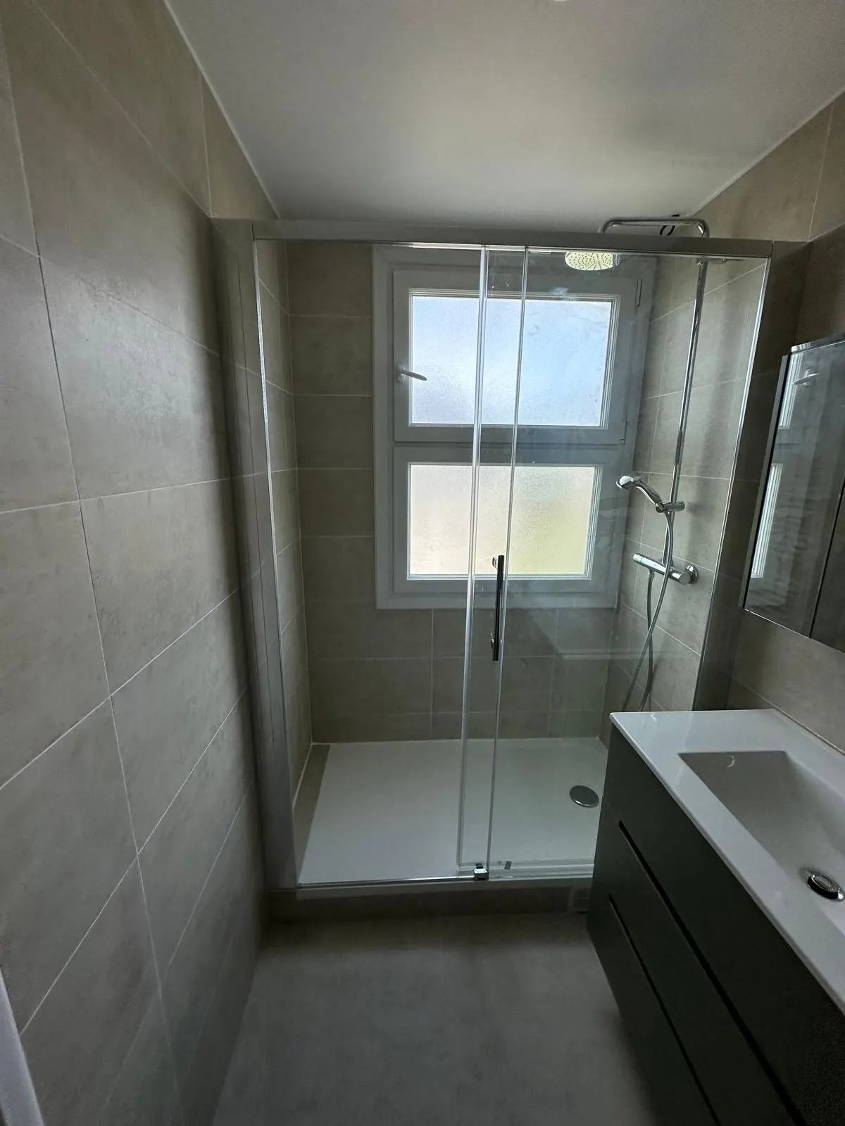 Douche vitrée et meuble vasque sombre